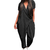 Summer Women Loose Jumpsuit With Pockets Office Ladies Short Sleeve V Neck One Piece Harem Pants Romper Plus Size