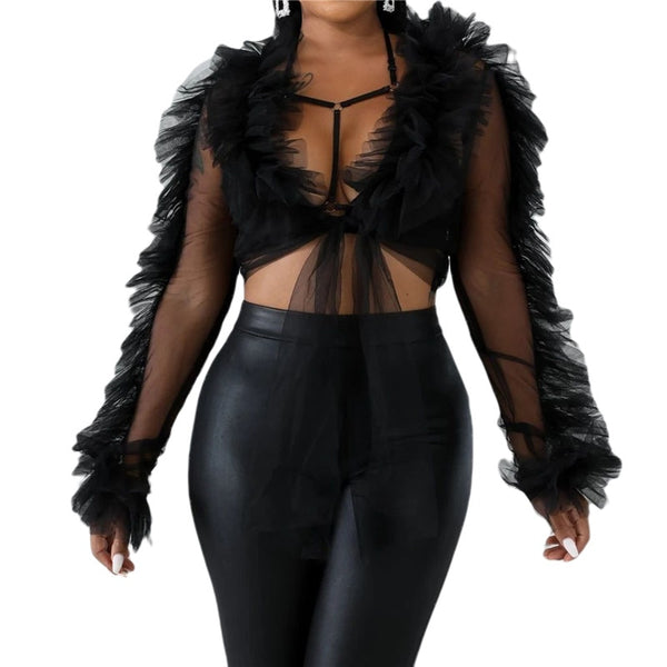 Summer Women Mesh Sheer Blouse Sexy See-through Long Sleeve Bowknot Tops Transparent Solid Shirts Female Blusas