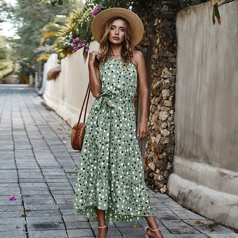 Summer Women Polka Dot Dresses Sexy Round Neck Sleeveless Backless Slimming Robe High Waist Lace-up Beach Maxi Dresses 5 Colors