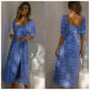 Summer Women'S Dress 2023 Puff Short Sleeve Midi Dress Vintage V Neck Print French Sundress Sexy Slit Floral Dress Vestidos Robe