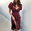 Summer Women'S Dress 2023 Puff Short Sleeve Midi Dress Vintage V Neck Print French Sundress Sexy Slit Floral Dress Vestidos Robe