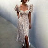 Summer Women'S Dress 2023 Puff Short Sleeve Midi Dress Vintage V Neck Print French Sundress Sexy Slit Floral Dress Vestidos Robe