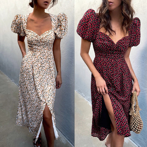 Summer Women'S Dress 2023 Puff Short Sleeve Midi Dress Vintage V Neck Print French Sundress Sexy Slit Floral Dress Vestidos Robe