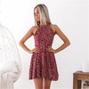 Summer Women Sexy Dress O-neck Halter Sleeveless Strap Hollow Out Backless Floral Print Hem Mini Pleated Casual Dresses