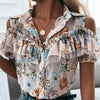 Summer Women Shirt Sexy Off Shoulder Ruffle Chiffon Blouse 2023 Elegant Turn-Down Collar Button Short Sleeve Floral Prints Tops