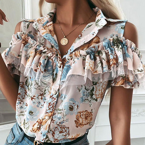 Summer Women Shirt Sexy Off Shoulder Ruffle Chiffon Blouse 2023 Elegant Turn-Down Collar Button Short Sleeve Floral Prints Tops