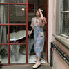 Summer Women Short Lantern Sleeve Floral Print Blouses Pearls Beaded Tops And Overall Denim Sequins Dresses Suits Set NS174