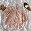 Summer Women Short Lantern Sleeve Floral Print Blouses Pearls Beaded Tops And Overall Denim Sequins Dresses Suits Set NS174