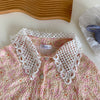 Summer Women Short Lantern Sleeve Floral Print Blouses Pearls Beaded Tops And Overall Denim Sequins Dresses Suits Set NS174