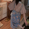 Summer Women Short Lantern Sleeve Floral Print Blouses Pearls Beaded Tops And Overall Denim Sequins Dresses Suits Set NS174