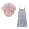 Summer Women Short Lantern Sleeve Floral Print Blouses Pearls Beaded Tops And Overall Denim Sequins Dresses Suits Set NS174