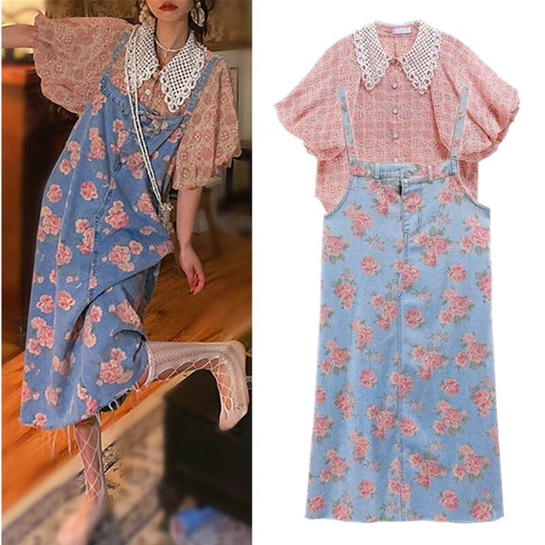 Summer Women Short Lantern Sleeve Floral Print Blouses Pearls Beaded Tops And Overall Denim Sequins Dresses Suits Set NS174
