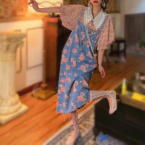 Summer Women Short Lantern Sleeve Floral Print Blouses Pearls Beaded Tops And Overall Denim Sequins Dresses Suits Set NS174