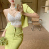 Summer Women Short Sleeve Loose Casual Elegant Blazer Jacket Office Ladies Business Outfit+High Waist Midi Skirt Suits+Sexy Cami