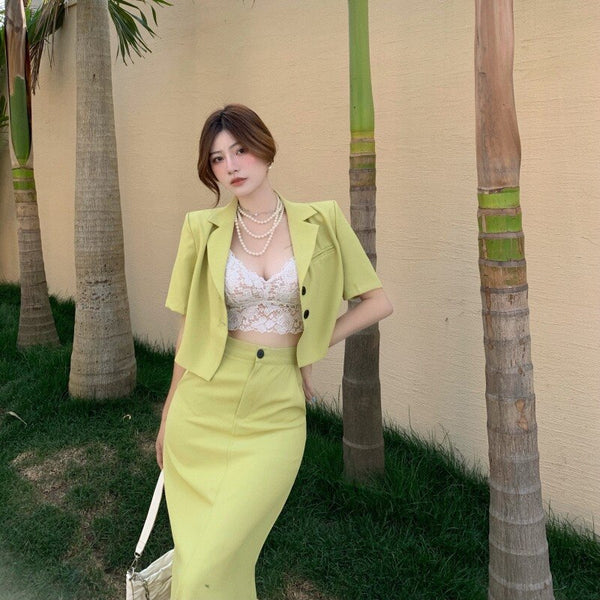 Summer Women Short Sleeve Loose Casual Elegant Blazer Jacket Office Ladies Business Outfit+High Waist Midi Skirt Suits+Sexy Cami