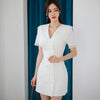 Summer Women Short Sleeve Slim Long Blazer Dress Double Breasted Square Collar Patchwork Lace All-match Elegant Female