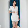 Summer Women Short Sleeve Slim Long Blazer Dress Double Breasted Square Collar Patchwork Lace All-match Elegant Female