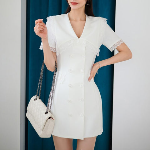 Summer Women Short Sleeve Slim Long Blazer Dress Double Breasted Square Collar Patchwork Lace All-match Elegant Female