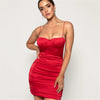 Summer Women Sleeveless Ruched Slim Bodycon Satin Mini Dress Solid Evening Party Nightclub Spaghetti Dress Pink/Red/Black