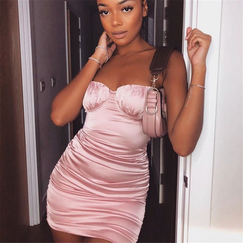 Summer Women Sleeveless Ruched Slim Bodycon Satin Mini Dress Solid Evening Party Nightclub Spaghetti Dress Pink/Red/Black