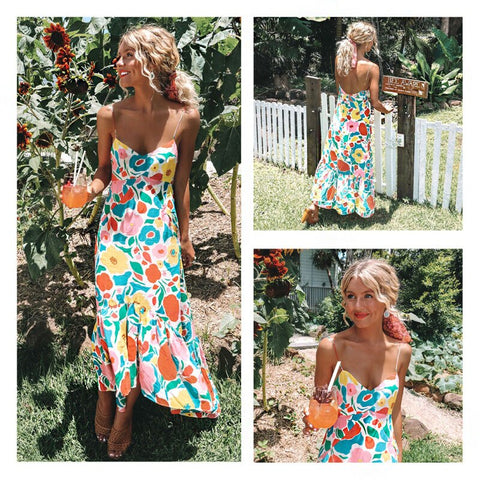 Summer Women Spaghetti Strap Backless Sexy  Boho Maxi Dress Evening Party Club Wear Beach Sundress