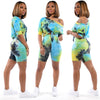 Summer Women Sports Two Piece Set Tie-dye Exposed Navel Pullover Top and High Waist Tight Shorts Suit Casual Clothes Set