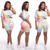 Summer Women Sports Two Piece Set Tie-dye Exposed Navel Pullover Top and High Waist Tight Shorts Suit Casual Clothes Set