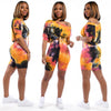 Summer Women Sports Two Piece Set Tie-dye Exposed Navel Pullover Top and High Waist Tight Shorts Suit Casual Clothes Set