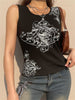 Summer Women Tank Tops Slim Gothic Print Florals Elastic Sleeveless O-neck Y2k Young Girl Casual Skinny Crop Top Black