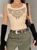 Summer Women Tank Tops Slim Gothic Print Florals Elastic Sleeveless O-neck Y2k Young Girl Casual Skinny Crop Top Gray