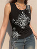 Summer Women Tank Tops Slim Gothic Print Florals Elastic Sleeveless O-neck Y2k Young Girl Casual Skinny Crop Top Black