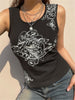 Summer Women Tank Tops Slim Gothic Print Florals Elastic Sleeveless O-neck Y2k Young Girl Casual Skinny Crop Top Black