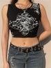 Summer Women Tank Tops Slim Gothic Print Florals Elastic Sleeveless O-neck Y2k Young Girl Casual Skinny Crop Top Black