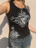 Summer Women Tank Tops Slim Gothic Print Florals Elastic Sleeveless O-neck Y2k Young Girl Casual Skinny Crop Top Black