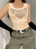 Summer Women Tank Tops Slim Gothic Print Florals Elastic Sleeveless O-neck Y2k Young Girl Casual Skinny Crop Top Gray