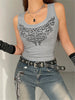 Summer Women Tank Tops Slim Gothic Print Florals Elastic Sleeveless O-neck Y2k Young Girl Casual Skinny Crop Top Gray
