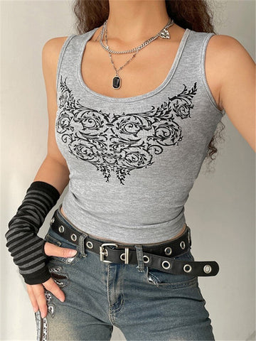 Summer Women Tank Tops Slim Gothic Print Florals Elastic Sleeveless O-neck Y2k Young Girl Casual Skinny Crop Top Gray