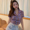 Summer Women Tops Plaid Short Sleeve Blouse Crop Tops Korean Female Casual Turn-down Collar Short Shirts