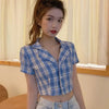 Summer Women Tops Plaid Short Sleeve Blouse Crop Tops Korean Female Casual Turn-down Collar Short Shirts
