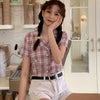 Summer Women Tops Plaid Short Sleeve Blouse Crop Tops Korean Female Casual Turn-down Collar Short Shirts