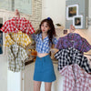 Summer Women Tops Plaid Short Sleeve Blouse Crop Tops Korean Female Casual Turn-down Collar Short Shirts