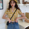 Summer Women Tops Plaid Short Sleeve Blouse Crop Tops Korean Female Casual Turn-down Collar Short Shirts