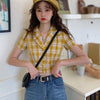 Summer Women Tops Plaid Short Sleeve Blouse Crop Tops Korean Female Casual Turn-down Collar Short Shirts