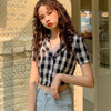 Summer Women Tops Plaid Short Sleeve Blouse Crop Tops Korean Female Casual Turn-down Collar Short Shirts