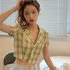 Summer Women Tops Plaid Short Sleeve Blouse Crop Tops Korean Female Casual Turn-down Collar Short Shirts