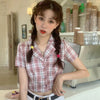 Summer Women Tops Plaid Short Sleeve Blouse Crop Tops Korean Female Casual Turn-down Collar Short Shirts