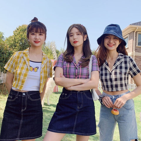 Summer Women Tops Plaid Short Sleeve Blouse Crop Tops Korean Female Casual Turn-down Collar Short Shirts