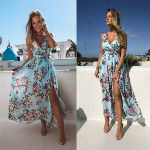 Summer Women V-neck Floral Printed Dress Female Sexy Boho Holiday Vintage Long Maxi Dress Evening Party Split Dresses Vestidos