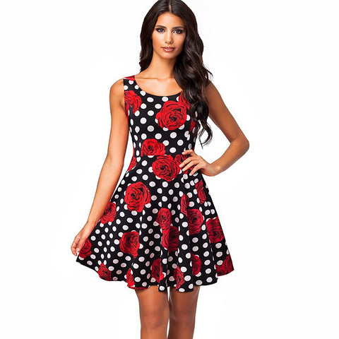 Summer Women Vintage Polka Dot Rose Flower Print Pinup Slim Tunic Elegant Casual Party Special Occasion Swing A-Line Dress EA063
