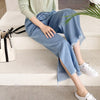 Summer Women Wide Leg Split Denim Pants Tassel Washed Cotton High Waist Leisure Loose Female Nine-Point Jean Femme Blue Cowboy